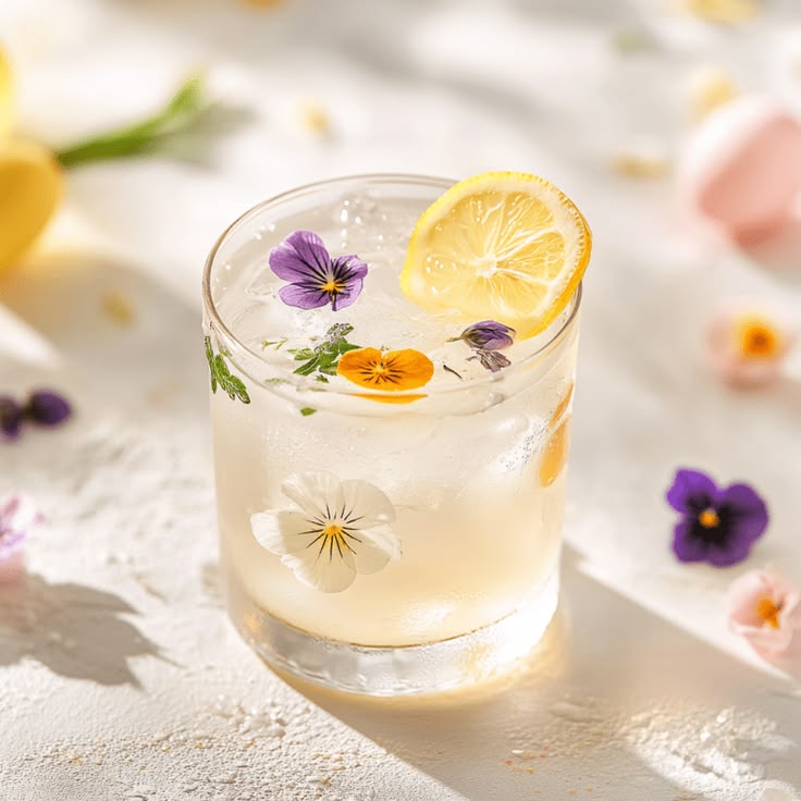 The image shows a pale yellow cocktail in a tumbler with a lemon slice and edible flowers.