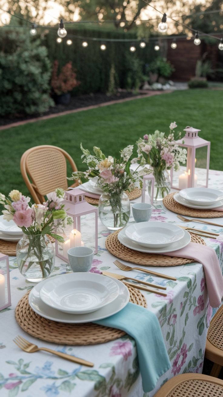 A table laid up for a meal with pretty spring decorations.