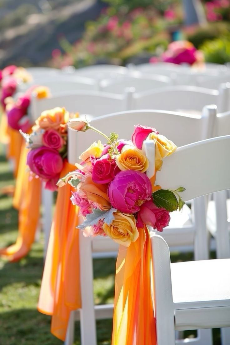 The image shows a close up of white chairs lined up for a wedding ceremony. At the end of each aisle is a bunch of brightly coloured flowers.