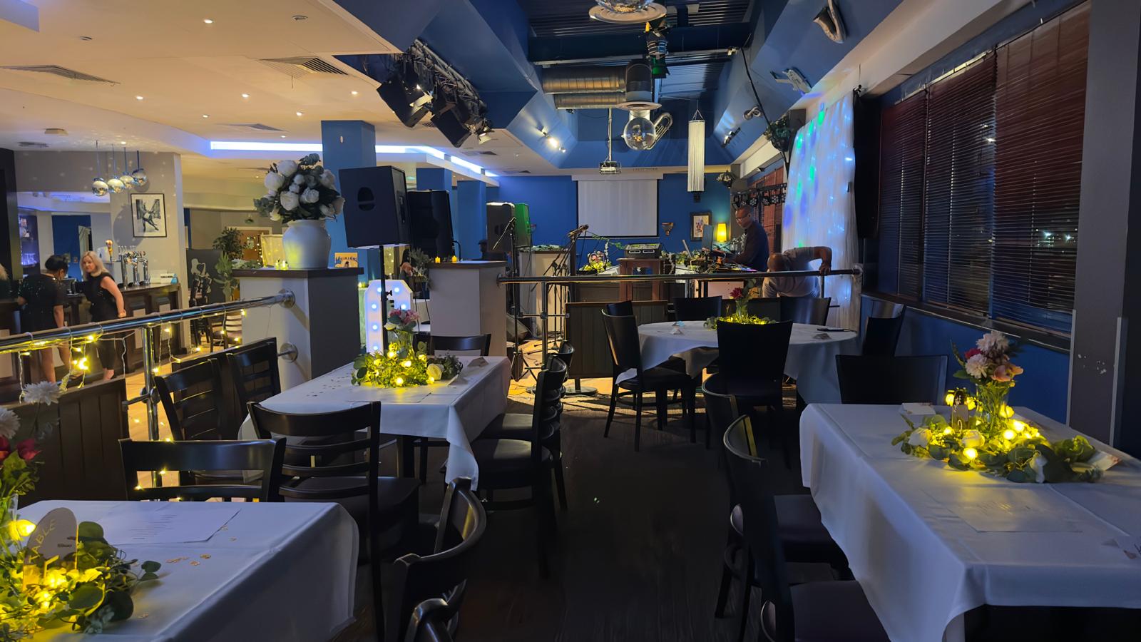 The image shows The Jazz Cafe set up for party.